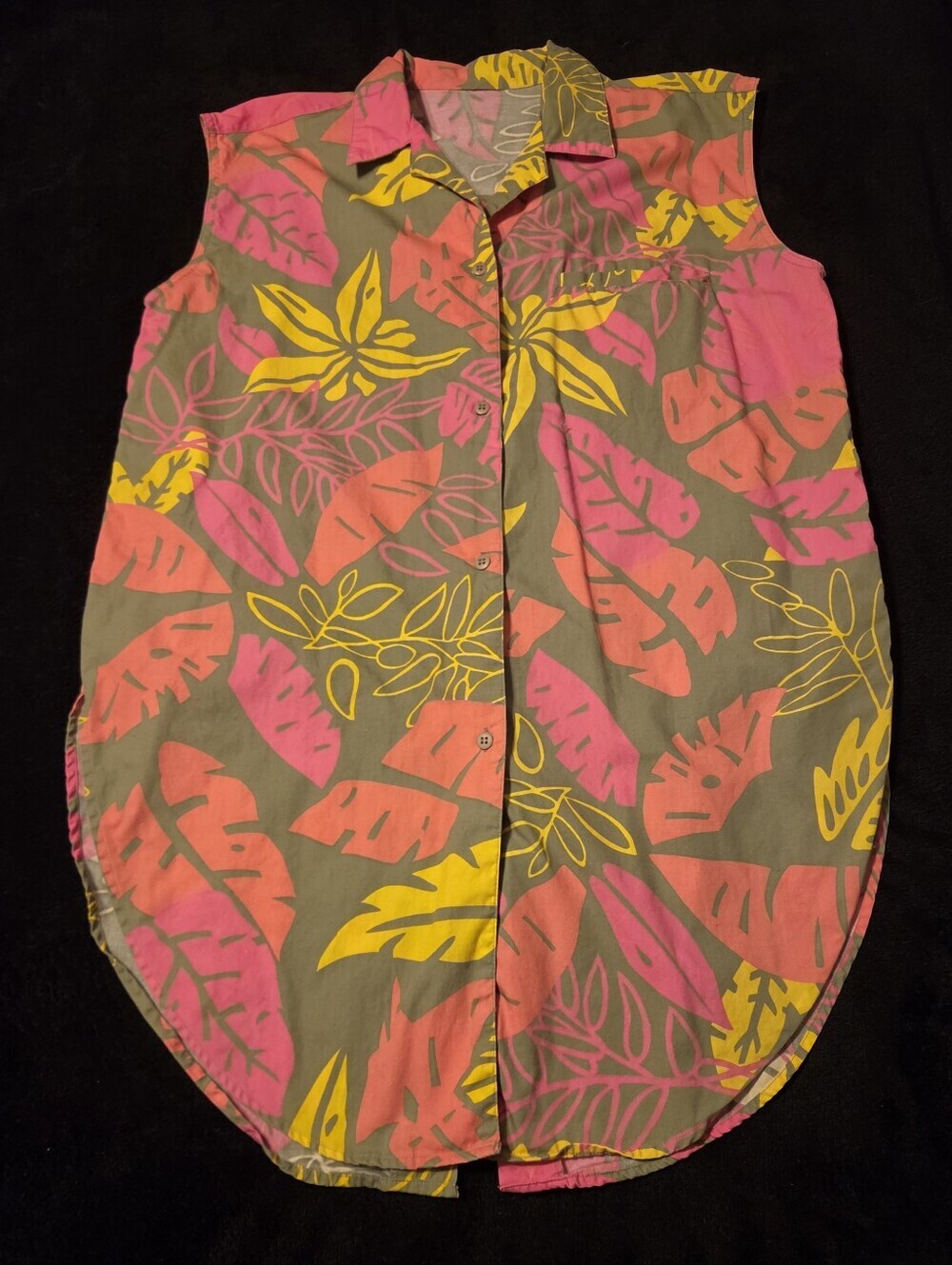 True Vtg 80s Sleeveless Oversized Long Tropical Button-Front Shirt Tunic